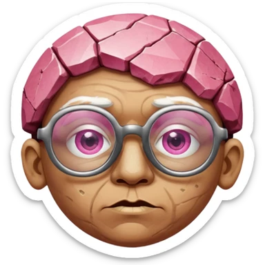A single pinkfaceted rock head, chunky and worn, with very visible big cracks and chipped facets but still shiny, big glasses sticker