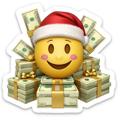 A festive 3D emoji style yellow smiley face wearing a Santa hat, surrounded by stacks of cash and dollar bills, joyful expression, Christmas and New Year theme, high quality, clean design, studio lighting, no text, no background, isolated object, transparent background, emojis.com style sticker