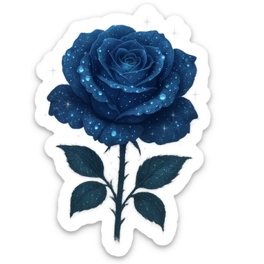 Add glowing dewdrops on the petals of the midnight rose with deep blue petals, subtle silver sparkles, and a soft magical glow. Keep the background transparent. The style should reflect a delicate and ethereal look with emphasis on the glowing effect and silver accents. sticker