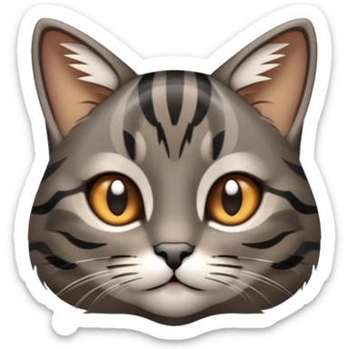 cinematic-cute-grey-and-black-brown-tabby-cat-portrait-emoji,-head-tilted-playfully-and-inquisitively,-sleek-grey-brown-fur-with-bold-black-tabby-stripes-and-a-distinctive-m-shaped-marking-on-the-forehead,-sparkling-amber-eyes,-simplified sticker