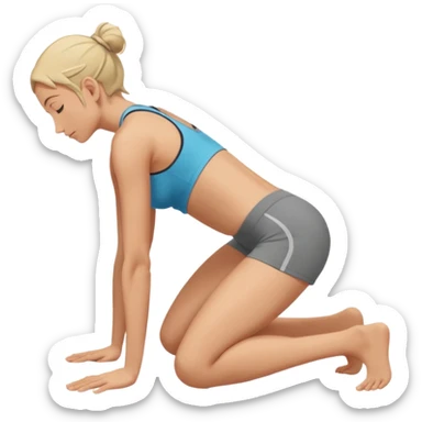 Kneeling forward on all fours, knees bent under hips, upper body lowered and supported by forearms, back slightly arched, head turned to the side sticker