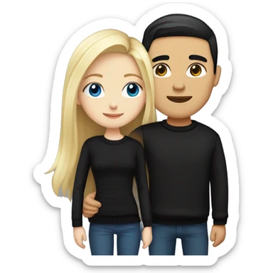 Blonde girl with blue eyes in black sweater and an east asian with light skin man with black hair and black eyes hugging sticker