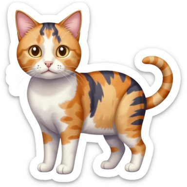 full body anxious looking colourful patchy calico tabby cat with tiny head to large body with fully white front legs sticker