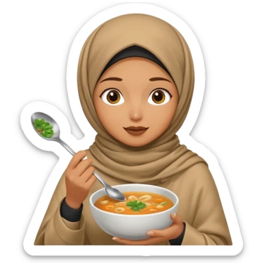 a woman wearing a pashmina hijab is eating while holding a spoon sticker