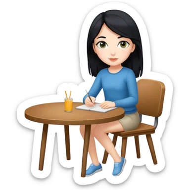 White girl full body sitting at table with black hair sticker