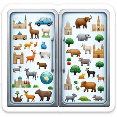 Icon for Magnet Collecting: a close-up of a fridge door covered with a variety of magnets, featuring cities, animals, and symbols. The icon should highlight the diversity and charm of magnet collections. Transparent background. sticker