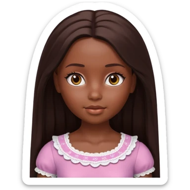 Boneca digital em estilo 3D realista e fofo, semelhante a uma boneca colecionável. Mulher jovem com pele negra, olhos castanhos escuros, cabelo liso cor chocolate, longo e bem alinhado.  sticker