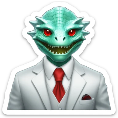 Aquamarine reptilian in classic black suite with red laser eyes on the middle of platinum coin sticker