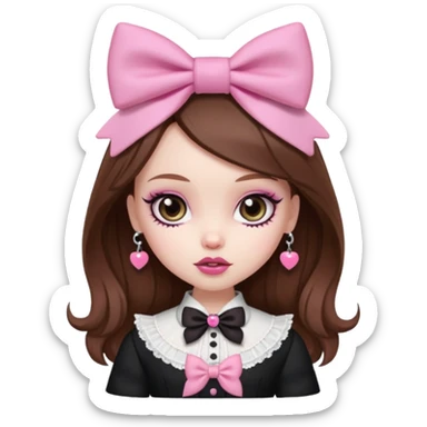 pretty bratz baddie, pale skin, brown hair, pink bow, romantic gothic style sticker