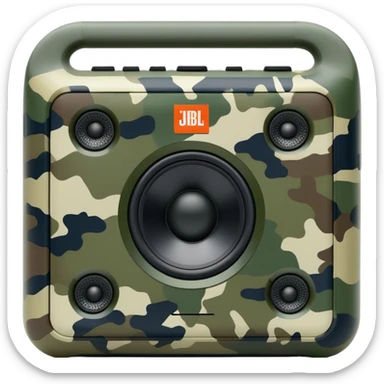 Minimalist JBL Go Clip 4 speaker with simple camouflage pattern, clean lines, iOS emoji style sticker