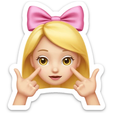 Cute yellow emoji face with big pleading shiny eyes, raised curved eyebrows, small shy smile, and both hands pointing index fingers toward each other. Add two small pink satin bows on top corners of the head. iOS-style, smooth digital look sticker