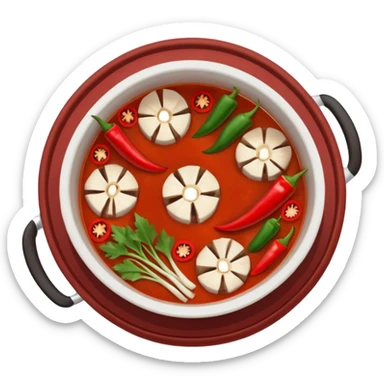 A hot pot emoji in top-down view. The pot is divided into two sections: one with spicy red broth filled with chili peppers, and one with mild white broth. Surround the pot with rolled slices of meat, vegetables, and mushrooms.The meat outside the pot sticker