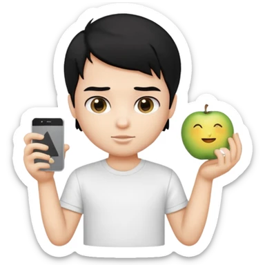 generate a pretty bratz emoji of a boy with black hair wearing a white tshirt and holding a cT sticker