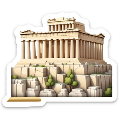 Cinematic Realistic Acropolis Landmark Emoji, showing the Parthenon standing proudly atop the Acropolis hill, with its marble columns glowing under the warm Athenian sunlight against a blue sky. sticker