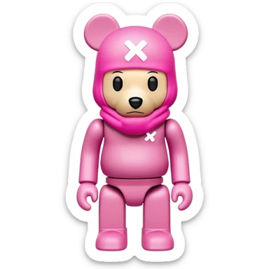 Bearbrick figure with KAWS X eyes wearing a pink balaclava, simplified toy bear shape with articulated limbs sticker