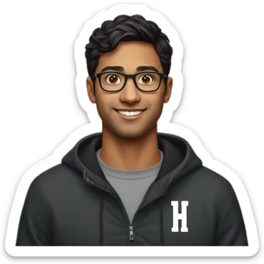 25 year old indian silicon valley creator economy startup founder wearing glasses in a black quarterzip with a harvard logo sticker