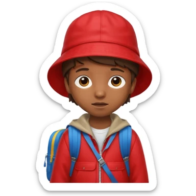 Little student brown wears red bucket hat and jacket, backpack, shy sticker