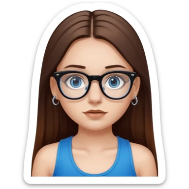 White girl with long straight brown hair and blue eyes wearing plastic frame glasses that go from black to clear ombré from top to bottom. Stud nose piercing on right side of nose and a septum piercing (the ring on bottom of nose). Wearing black tank top. sticker