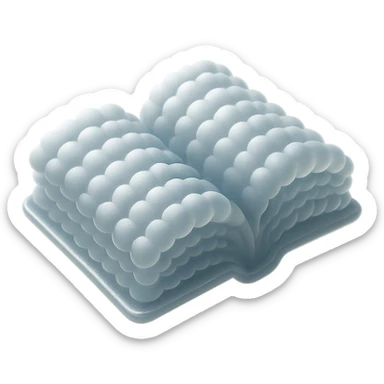thick open book made entirely of small, very bright white fluffy convex clouds, matte glass style sticker
