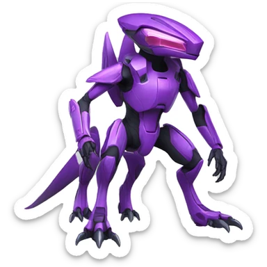 a purple Genesect-Raptor-Fakémon—hybrid with a futuristic visor-helmet full body sticker