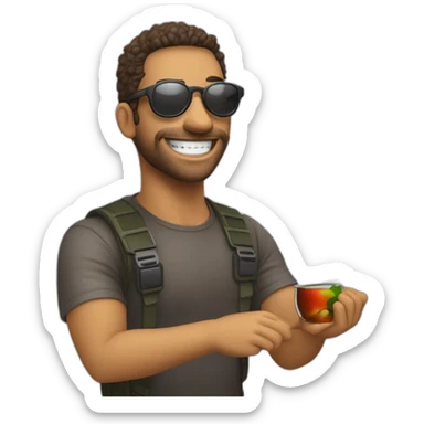 persona sonriendo con gafas de sol y mostrar la persona parada haciendo una seña con el pulgar solo y agarrandose los lentes con la otra mano sticker