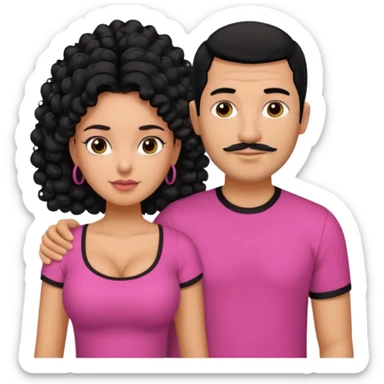 A picture if a couple. the man is a Mexican man with tanned skin, black hair, a bald hair cut, short beard and wearing a black shirt. the woman is mixed with black and white, with curly long hair, wearing a pink shirt and with big boobs sticker