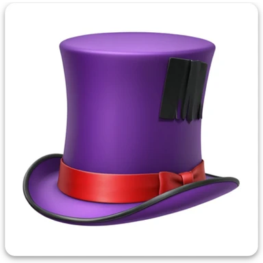 3D apple-style emoji of a tall vintage top hat, simplified shapes, cartoon-like look, glossy finish, soft shadows, white background, tall black hat with wide brim, purple and black checkered ribbon with a red stripe sticker