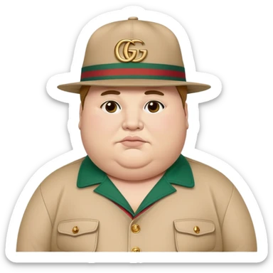A fat man with gucci hat sticker
