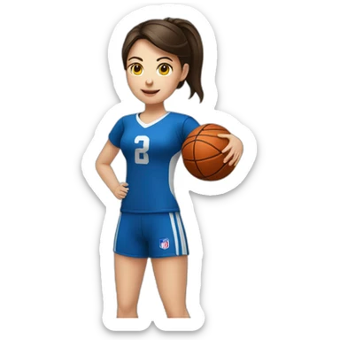 White skin brunette female playing football with very small basket ball sticker