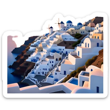 Cinematic Realistic Santorini Caldera Landmark Emoji, featuring white-washed buildings perched on volcanic cliffs, overlooking the deep blue Aegean Sea, with warm sunset hues illuminating the sky and reflecting off the water. sticker
