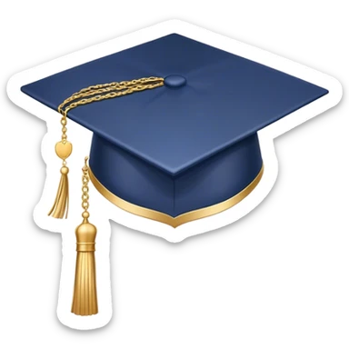 A dark navy-blue graduation cap (mortarboard) with a golden scale of justice symbol in the center, representing law and jurisprudence. The cap has a clean, structured design with a flat, square top. A golden tassel hangs from one side, slightly curved as if swaying. The overall design is sleek, modern, and minimalistic, with smooth lines and soft shading. The background is plain white to keep the focus on the cap and its symbolic meaning sticker