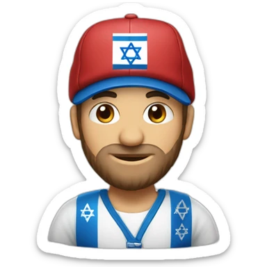 A man dressed in the colors of the State of Israel with a Star of David shirt and a cap on his head sticker