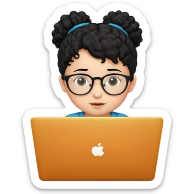 A baby DEVELOPER WITH A laptop, black curly hair and topknot, wearing glasses sticker