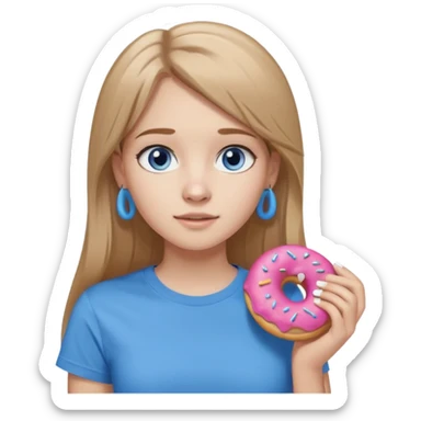 una ragazza dall‘ età di 19 anni con capelli biondo scuro lunghi e lisci ,  occhi celesti,  con addosso una maglietta con una ciambella e le cuffie airpods (bianche) ascoltando violetta sticker