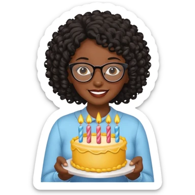 A Black woman with curly black hair and glasses holding a birthday cake sticker