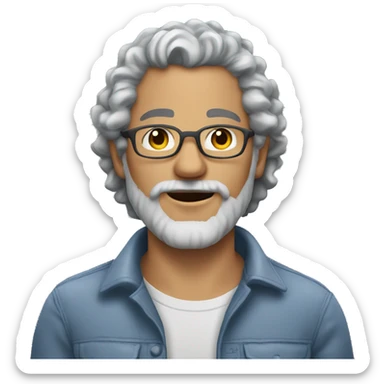 man grey curly hair gray beard (no mustache) wearing a shirt no glasses sticker