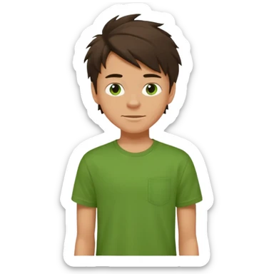 A 14 yerar old teenage boy, slightly tanned, wearing a green t-shirt , blue jeans and green sneakers with dark brown tousled hair, smirking sticker