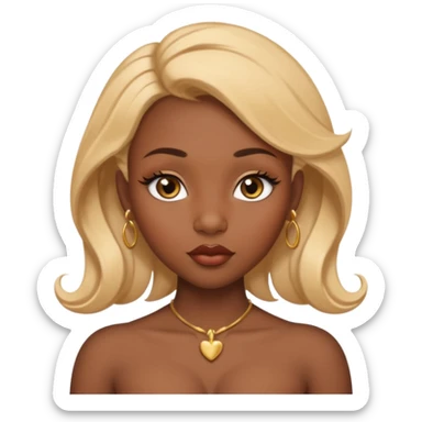 darkskin female with eyebrows that are naturally shaped and frame eyes well, eyes that are almond-shaped with defined lashes. nd lips are full with a defined cupid’s bow, add also a septum piercing that adds an edgy, stylish flair. a middle-part, honey blonde bust-down with laid baby hairs sticker