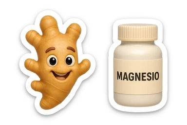 emoji stile iphone 3d di un pezzetto di zenzero e una boccetta di magnesio con la scritta "MAGNESIO" SULL'ETICHETTA CHE FLUTTUANO IN ARIA, iperrealistico 4k sticker