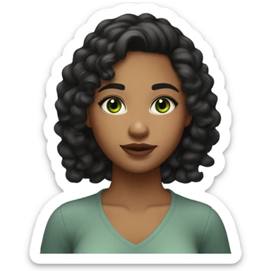 long curly black hair, full body head to toe, eyes with a hint of green, eyes positive  canthal tilt ,medium thick eyebrows , and thin lips, round face shape, soft jawline, full body, teen, sensual, american, woman, well defined feminine body sticker