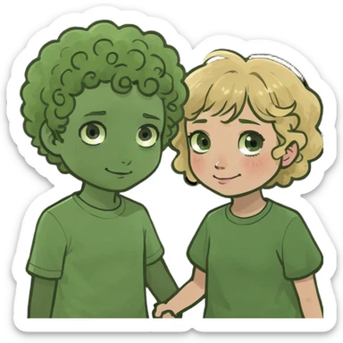 a girl with curly blonde hair holding hands with a boy with short fluffy brown hair  sticker