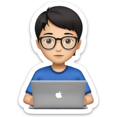 A young boy DEVELOPER WITH A laptop, black straight short hair, wearing glasses, he is asian

Add the letters "PIF" floating around him sticker