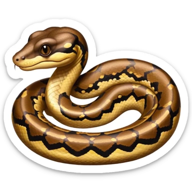 A photo-realistic headshot of a Ball Python with a rounded snout, soft contours, and a calm, curious look. Its warm brown head features bold dark markings, including the signature “alien-head” pattern. sticker