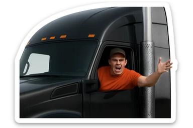 Zoom in closer on the cab of the truck. Make the person in the truck look angry, bald, wearing an orange shirt and a baseball cap. Keep the truck black with a chrome stack. Maintain a transparent background. sticker
