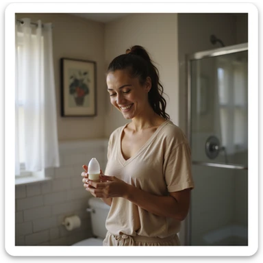 woman with PCOS in bathroom, wearing comfortable clothes, happily looking at a menstrual cup, realistic home environment, vertical 9:16, hyperrealistic 4K details sticker