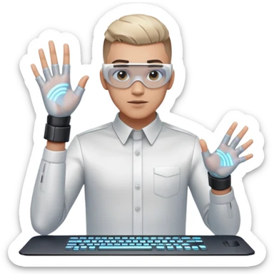 Hair: Tapered fade with micro-bangs Face: Sparse beard, virtual reality glare in pupils Clothes: Motion-capture gloves over dress shirt Action: Air-typing on holographic keyboard sticker
