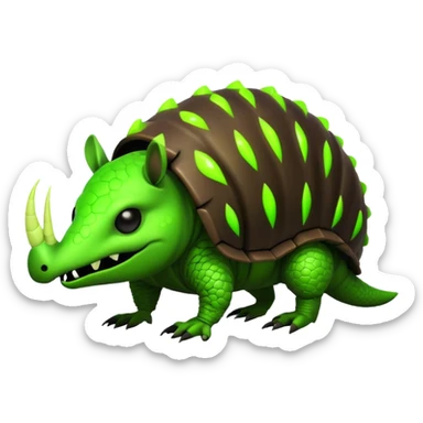 Biohazard armadillo. has black skin and a dark, segmented shell, with the middle sections of each segment glowing in a toxic lime green. The armadillo's face has a twisted, evil grin. His eyes are wide and intense, glowing in the same toxic green. sticker
