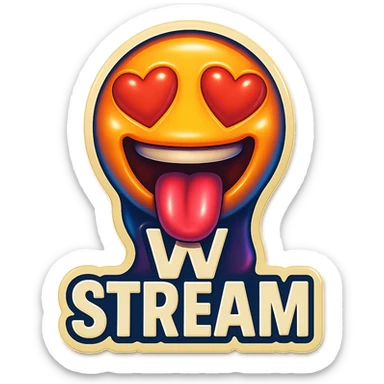 mouth open with tongue out heart shaped eye add the words “ W Stream " in White sticker