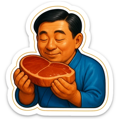 A Japanese man in traditional kimono with a loving look holds a steak in his hands, preparing to eat it sticker