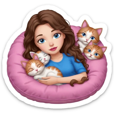 girl with long wavy brown hair, blue eyes, long lashes makeup, sexy pink lips, sleeping on a cozy pillow with 6 cats sticker